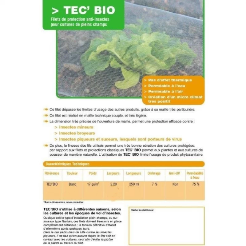 Filet anti-insectes 17gr/m² Tec'bio - largeur 2,20m - à la coupe