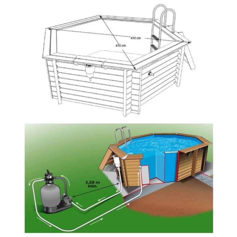 Piscine bois hexagonale AZURA Ø 4,10m + bâche à bulles