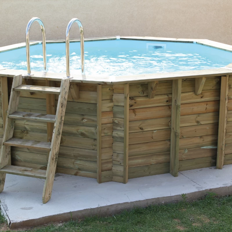 Piscine bois hexagonale AZURA Ø 4,10m + bâche à bulles